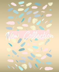 Pastel Abstract Brush stroke Confetti shapes on Gold background. New Collection fashion header or advertising banner template. Can use for invitation card, business card, wedding, seasonal clearance.