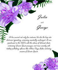 Wedding invitation card. We invite you to design. the composition of colors with colored elements on a white background. vector illustration. green leaves, the color of the frame. purple lilies.