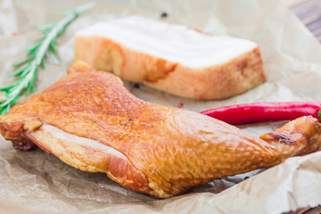 smoked chicken leg and pork breast