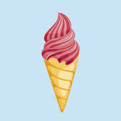 soft ice cream in a waffle cone. Vector illustration on pastel background. 