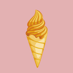 soft ice cream in a waffle cone. Vector illustration on  pastel background. 