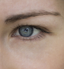 Fototapeta na wymiar Beautiful blue eye girl close-up. macro portrait of female face