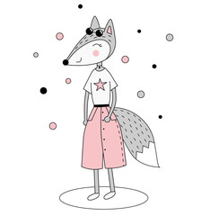 Funny fashion fox in pink skirt and sunglasses on white background 