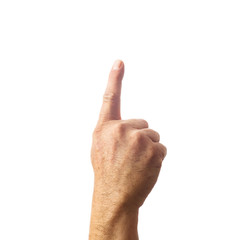 Adult male hand showing one finger up gesture isolated on white