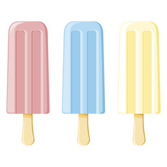 Tasty colorful ice cream set. Popsicle ice cream, ice lolly, with different topping isolated on white background. Vector illustration