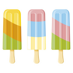 Tasty colorful ice cream set. Popsicle ice cream, ice lolly, with different topping isolated on white background. Vector illustration