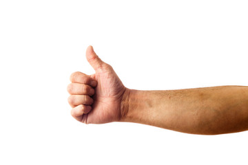 Adult male hand showing thumbs up gesture isolated on white