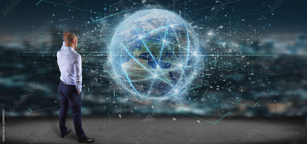 Poster man holding connection around a world globe isolated 3d rendering