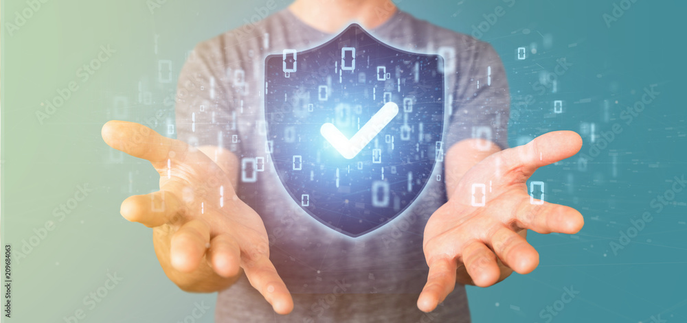 Poster man holding a padlock web security concept 3d rendering
