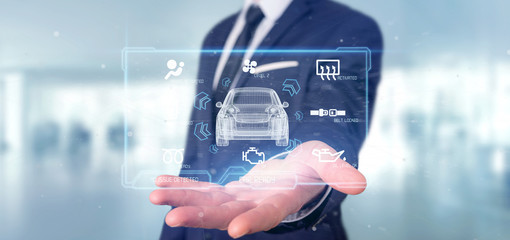 Man holding a Dashboard smartcar interface dashboard 3d rendering