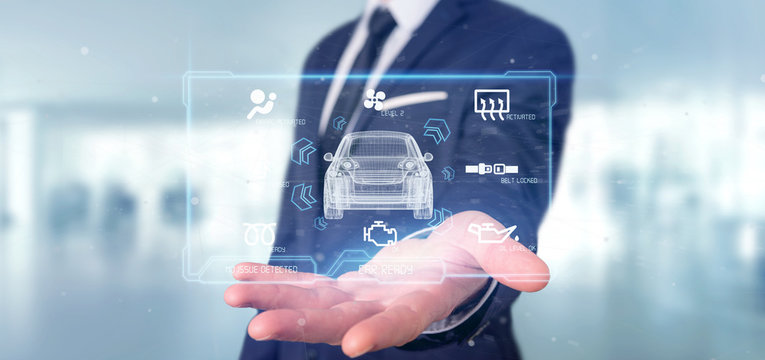 Man holding a Dashboard smartcar interface dashboard 3d rendering