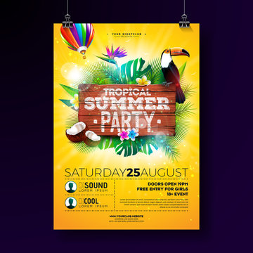 Vector Summer Beach Party Flyer Design with typographic elements on wood texture background. Tropical plants, flower, toucan bird, coconut and air balloon with blue cloudy sky. Holiday design template