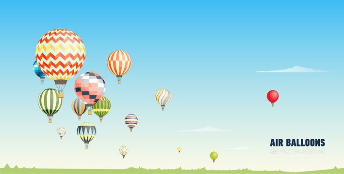Gorgeous horizontal banner, background or picturesque landscape with hot air balloons flying in clear blue sky. Festival of beautiful manned aircrafts. Vector illustration in flat cartoon style.