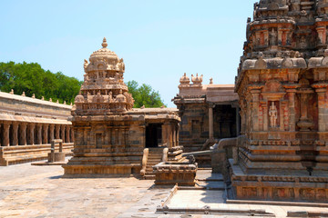 Fototapeta premium Chandikesvara Temple on the left and Airavatesvara Temple on the right, Darasuram, Tamil Nadu. View from West.