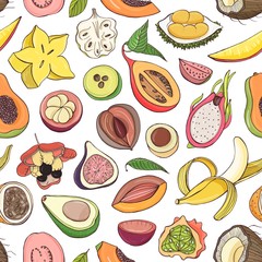 Decorative seamless pattern with cut or split fresh juicy exotic tropical fruits on white background. Hand drawn realistic vector illustration for fabric print, wrapping paper, backdrop, wallpaper.