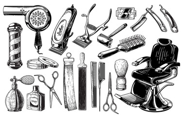 Set of vintage barbershop emblems labels badges logos scissors blade brush pole. Isolated on white background. Vector illustration - obrazy, fototapety, plakaty