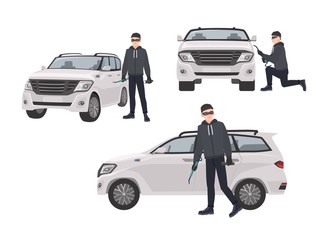 Set of hijacker wearing black clothes and mask standing beside car and trying to break into it. Male cartoon character committing crime isolated on white background. Vector illustration in flat style.