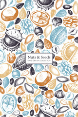 Vector design with hand drawn nuts and seeds sketches. Hazelnut, walnut, pine nut, chestnut, sunflower, flax and pimpkin seeds drawing. Organic food template.
