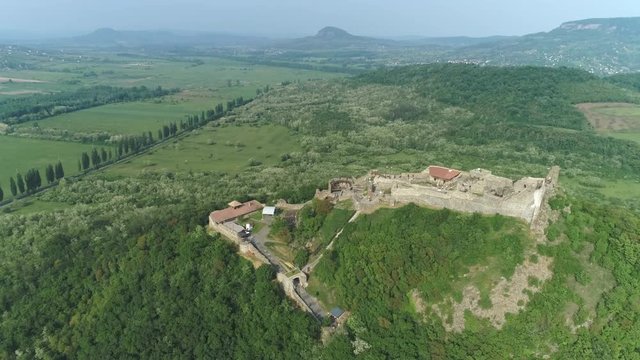 Aerial shot of European castle, fortress. Szigliget castle - Hungary, lake Balaton