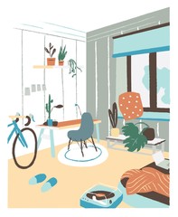 Modern cabinet or bedroom furnished in Scandic hygge style with desk, chair, bed, potted plants. Stylish and comfortable Scandinavian apartment interior. Flat colorful hand drawn vector illustration.