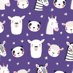 Hand drawn seamless vector pattern with different cute sleepy animals, stars, on a violet background. Scandinavian style flat design. Concept for children, textile print, wallpaper, wrapping paper. © Maria Skrigan