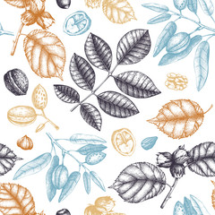 Seamless pattern with hand drawn nuts. Vintage hazelnut, walnut, almond illustrations. Engraved style organic food background.