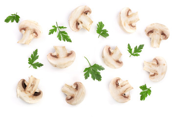 mushrooms with parsley leaf isolated on white background. top view. Flat lay