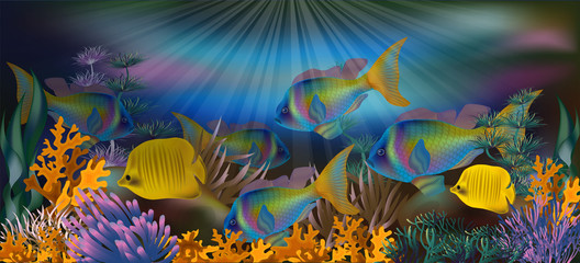Obraz na płótnie Canvas Underwater background with tropical fish, vector illustration