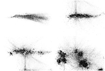 Scattered powder falls, stains, splashes, powder explosion. On an isolated background. Grunge blots...