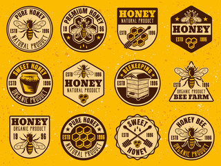 Honey colored bright badges, stickers, emblems