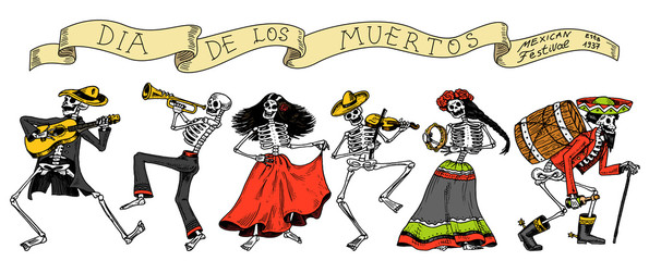 Day of the dead. Mexican national holiday. Original inscription in Spanish Dia de los Muertos. Skeletons in costumes dance, play the violin, trumpet and guitar. Hand drawn engraved sketch.