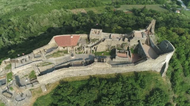 Aerial shot of European castle, fortress. Szigliget castle - Hungary, lake Balaton