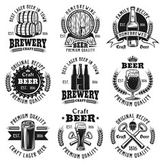 Beer nine vector black emblems, badges, labels