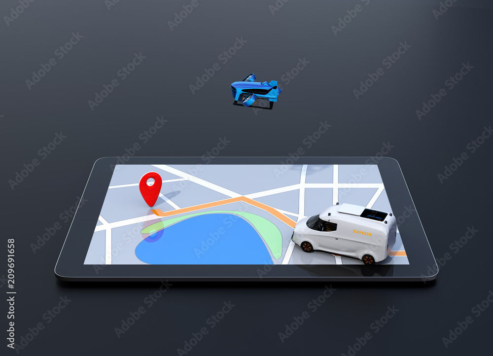 Poster side view of delivery drone and van on digital tablet computer. black background. last one mile digi