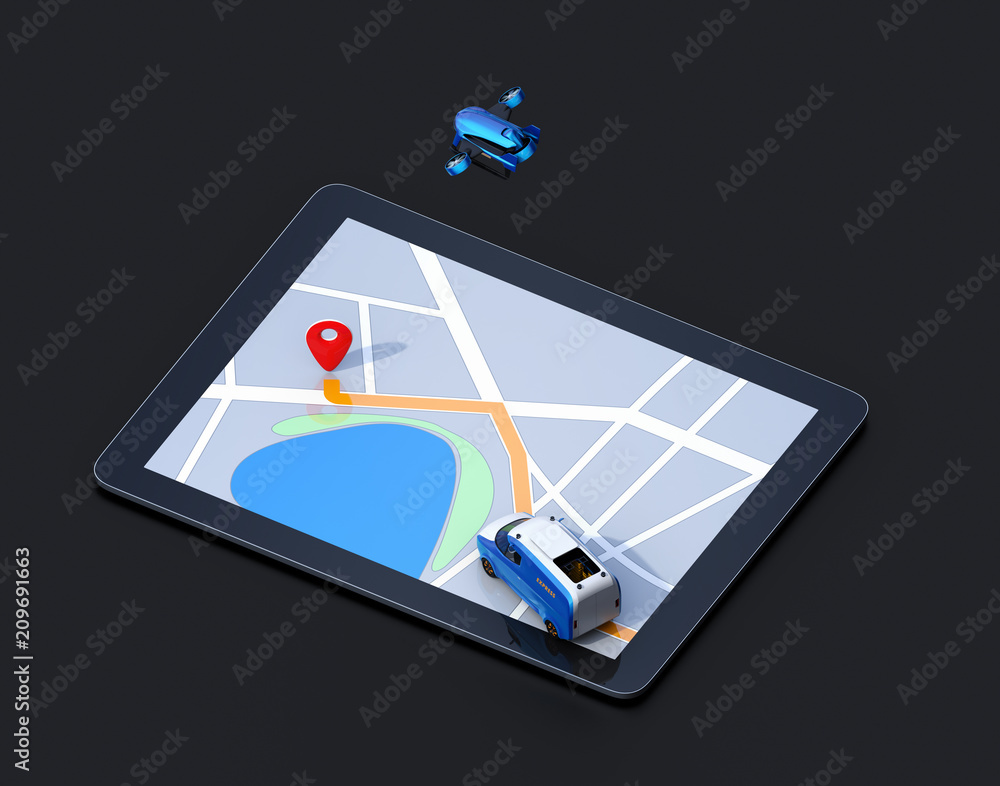 Poster isometric view of delivery drone and van on digital tablet computer. black background. last one mile