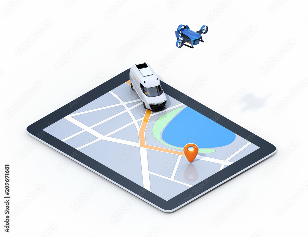 Poster isometric view of delivery drone and van on digital tablet computer. white background. last one mile