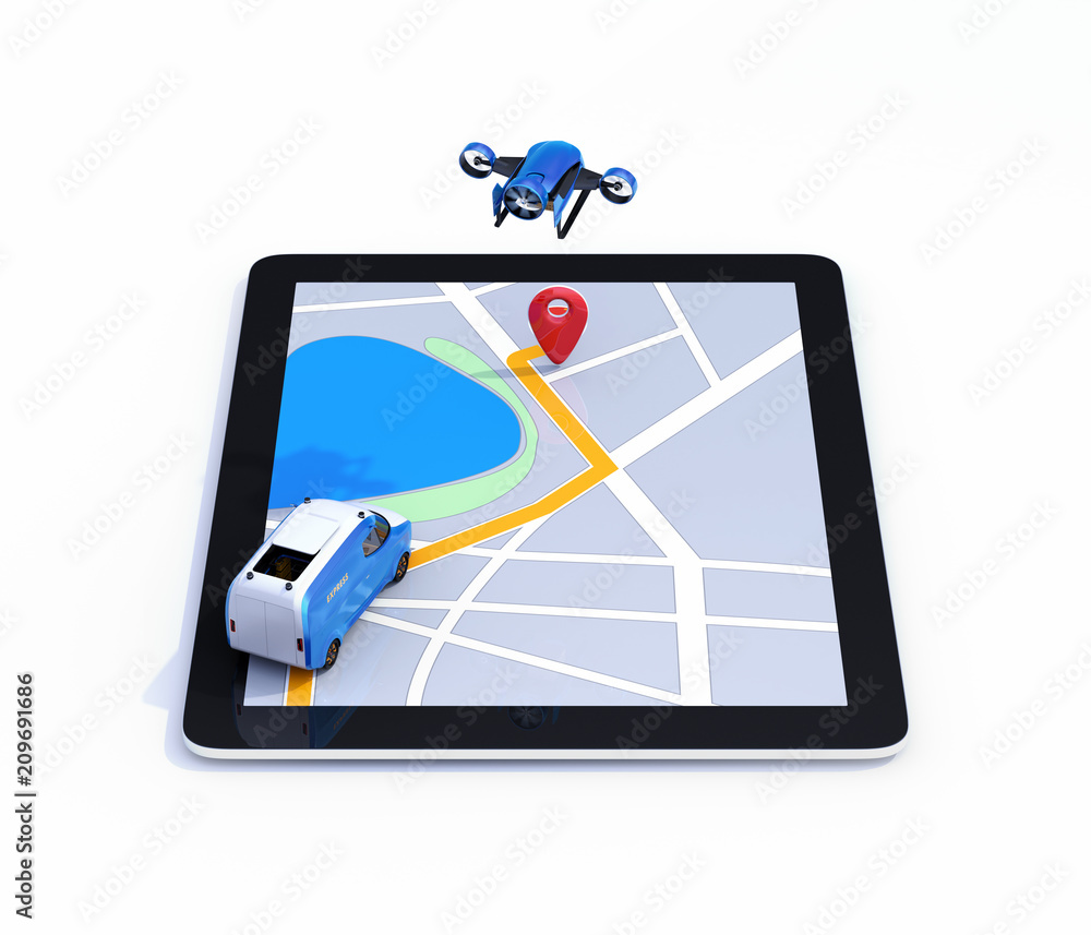 Aufkleber rear view of delivery drone and van on digital tablet computer. white background. last one mile digi