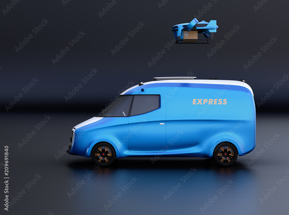 Aufkleber side view of delivery drone takeoff from two-tone electric powered delivery van on black background.