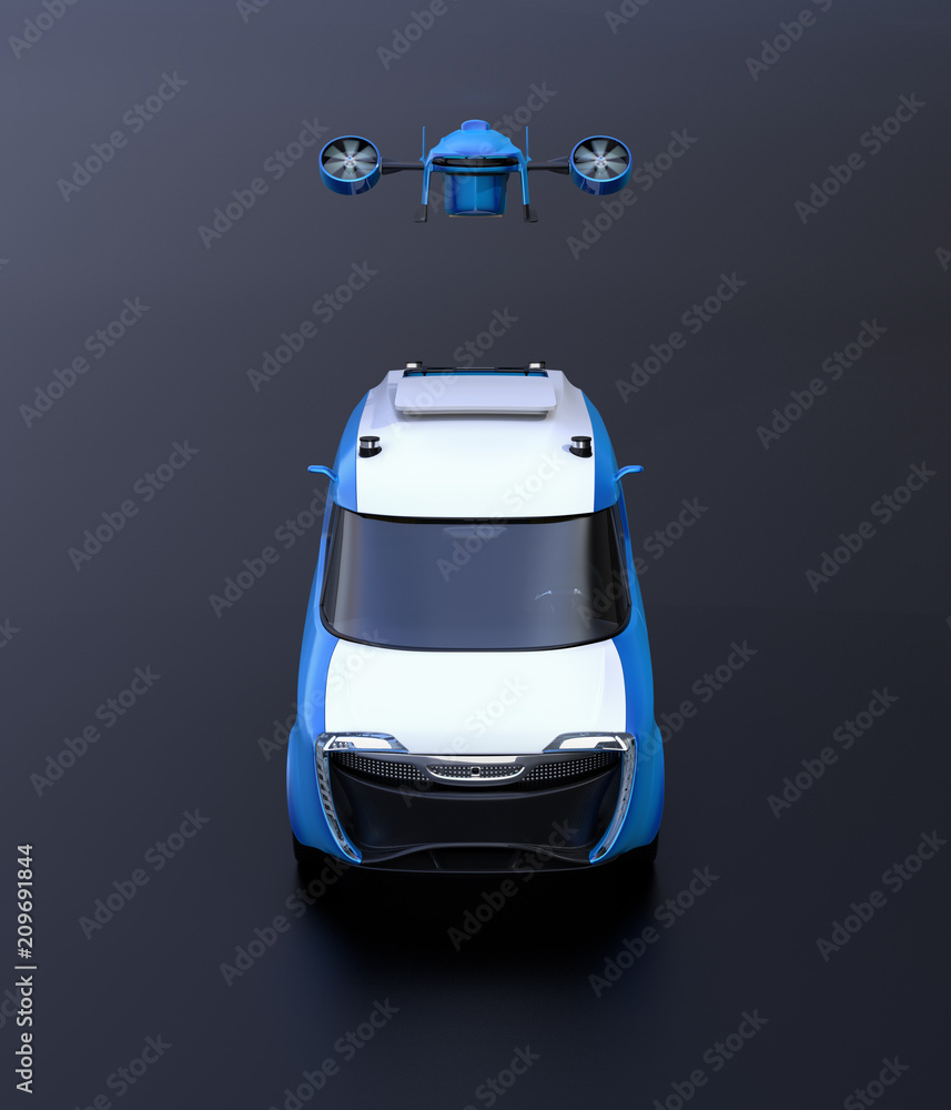 Aufkleber front view of delivery drone takeoff from two-tone electric powered delivery van on black background