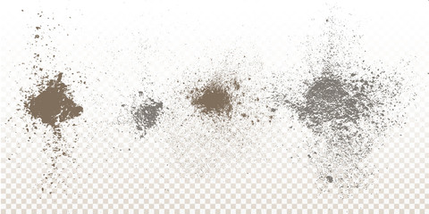 Scattered powder falls, stains, splashes, powder explosion. On an isolated background. Grunge blots trail and spray.