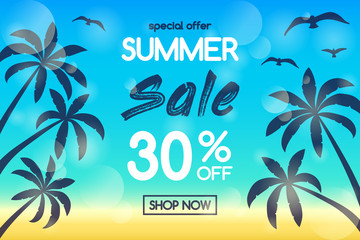 Summer Sale - banner with tropical palms. Vector.