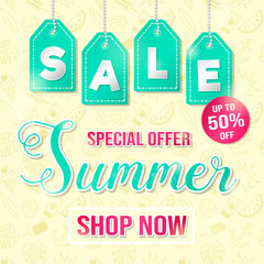 Summer Sale promotions - shiny flyer with textured background. Vector.