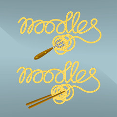 Decorated inscription "Noodles" written with spaghetti, fork and chopstiks