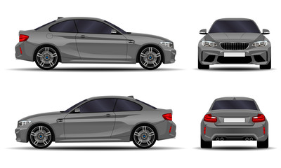 realistic car. sport coupe. front view; side view; back view.
