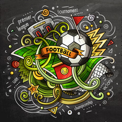 Soccer cartoon vector doodle illustration. Chalkboard design