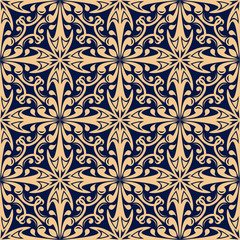 Golden flowers on blue background. Ornamental seamless pattern