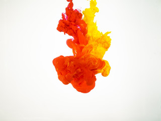 Colourful droplets of ink in water. Colourful splash of ink in water isolated on white background....