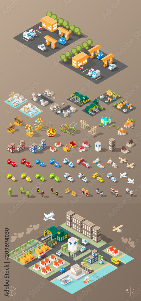 Poster build your own city . set of isolated minimal city vector elements on dark background