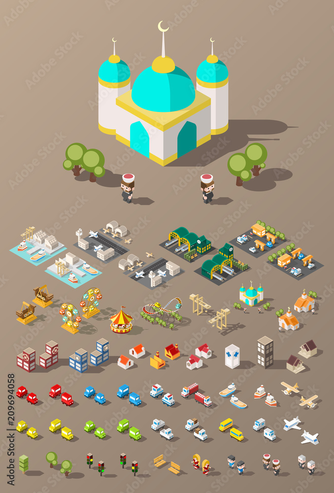 Poster build your own city . set of isolated minimal city vector elements on dark background
