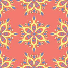 Fototapeta premium Flower design seamless pattern. Bright yellow and blue flower elements on salmon red background